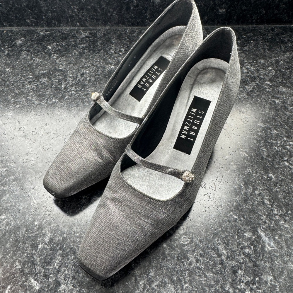 Vintage Stuart Weitzman Silver Evening Mary Jane Pumps Jeweled Accent Womens 6.5